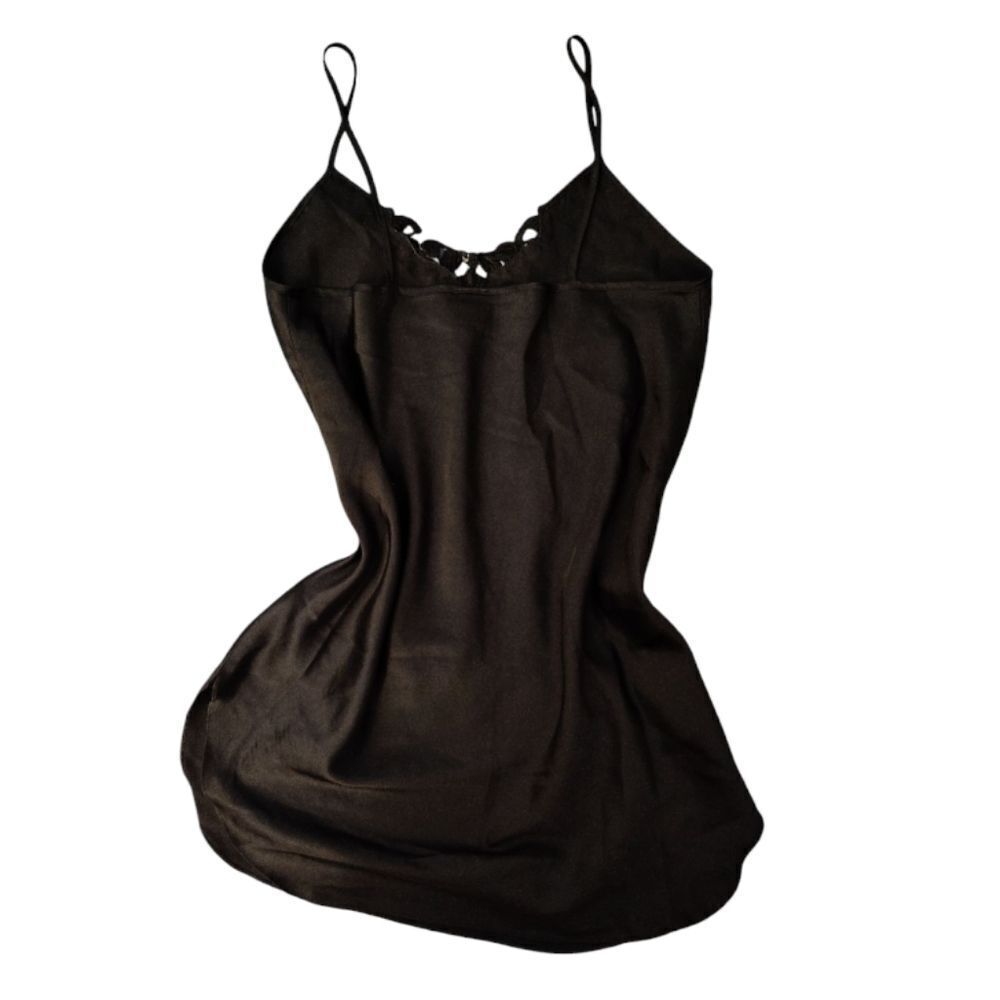 VTG 80s Black Satin Floral Crochet Mini‎ Intimates Slip Dress Size Large - Picture 7 of 12